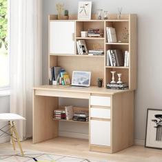 Mesa de madeira para computador com estante e cabana, grande mesa de escritório doméstico com gaveta e prateleira de armazenamento, mesa moderna para laptop, mesa de trabalho com economia de espaço