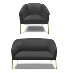 Sofá Namoradeira E Poltrona Pé De Ferro Dourado Stella Corino D03 - D'rossi Cor Preto