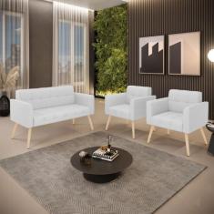 Kit 1 Sofá Namoradeira e 2 Poltronas Elisa Linho Pés Palito Natural D0