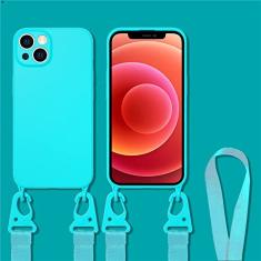 Capa de colar com alça de corda de cordão crossbody para iPhone 11 12 13 14 15 Pro Max Mini XS X XR 7 8 Plus SE Capa de silicone líquido, azul celeste, para iPhone 12 ProMax