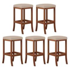 Kit 5 Banquetas Média Estofada Barcelona 38x64Cm Bancada Madeira Maciç