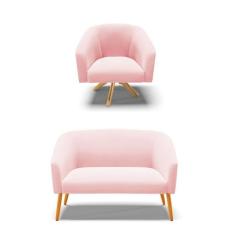 Sofá Namoradeira e Poltrona Giratória MA30 Stella Suede Rosa Bebê D03 