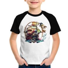 Camiseta Raglan Infantil Navio e Flores - Foca na Moda, Branco, Preto,