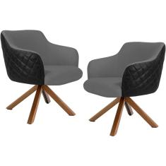 Kit 2 Poltronas Decorativas Jade D02 Giratória Linho Cinza Corano Preto Lyam Decor