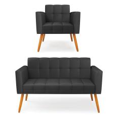Kit 1 Sofá Namoradeira e 1 Poltrona Elisa Corino Preto Pés Palito Castanho - D`Rossi