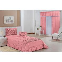 Kit Cobre Leito Solteiro Desejos 04 Peças Bordado + Cortina 2,00x1,70m