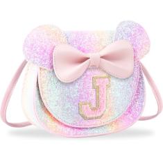 Presentes de aniversário para meninas de 2, 3, 4, 5, 6, 7, 8, 9 e 10 anos de idade, bolsa infantil infantil para meninas pequenas com laço de orelha de rato personalizado, Letra rosa com purpurina