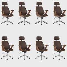 Kit 8 Cadeiras de Escritório Presidente Giratória com Apoia Cabeça Office Lisboa Marrom