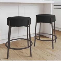 Kit 02 Banquetas Alta Sintra 65cm Redonda Ferro Marrom Sintético Preto - Ahazzo Móveis