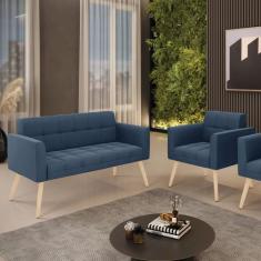 Kit 1 Sofá Namoradeira e 1 Poltrona Elisa Suede Azul Marinho Pés Palit