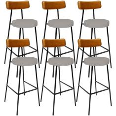 Kit 06 Banquetas Alta Cozinha Sala Jantar Aço Milão L02 Couríssimo Whisky Linho Bege - Lyam Decor