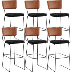 Kit 06 Banquetas Altas Cozinha Sala Jantar Fixa Allana L02 Couríssimo Camel Linho Chumbo - Lyam Decor
