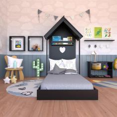 Quarto Infantil Cama Banqueta 2 Nicho e Prateleira Preto