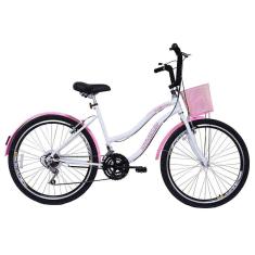 Bicicleta Retrô Vintage Aro 26 18v Feminina Beach Rosa com Branco