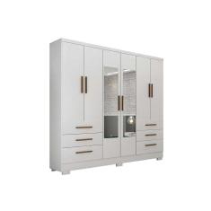 Guarda Roupa Casal 4 Portas e 6 Gavetas c/Espelho e Pés Encant Branco - Novo Horizonte