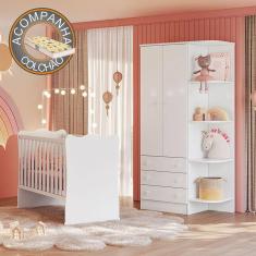 Quarto de Bebê Doce Sonho com Roupeiro 825 e Berço Simples 1 Qmovi Branco + Colchão Gazin