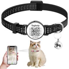 Coleiras reflexivas para gatos com sinos com etiqueta de nome de código QR, etiqueta de identificação de gato personalizada, pequena ajustável, ideal para meninas, gatos, machos, gatinhos, filhotes