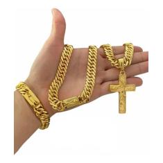 Kit Cordão Pulseira Pingente 13mm Grumet Banhado A Ouro 18k - Vip Jóia