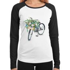 Baby Look Raglan Bicicleta Cesto de Flores Manga Longa - Foca na Moda,