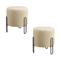 Conjunto - 2 Puffs Banqueta Mali Luxo Base Metálica Preta Veludo Bege Claro