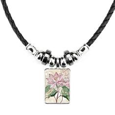 DIYthinker Colar de flor de lótus com flor de lótus e pingente de corda de couro