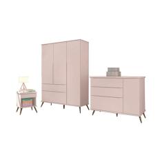 Kit Quarto Infantil Bebê Melinda Retrô Com Pés Cômoda Guarda Roupa 3 Portas e Mesa de Apoio Rsê - Phoenix Baby