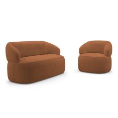 Kit Poltrona Giratória e Sofá Orgânico Living Glee 03 Lugares 170cm Bouclê Terracota - Desk Design