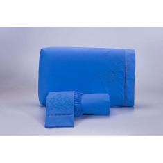 Jogo Lençol Casal Super King 3 Peças 200 Fios Azul Algodão