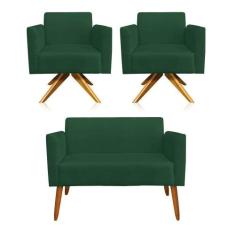 Kit 1 Namoradeira e 2 Poltronas Suede Madeira Verde - DROSSI