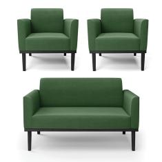 Sofá Namoradeira Com 2 Poltronas Base De Madeira Fixa Preto Marisa Suede Verde D03 - D'Rossi