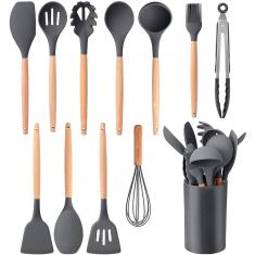 Kit de Utensílios p/Cozinha em Silicone e Bambu 12 Peças