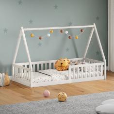 Cama Infantil Madeira Branco Grade Montessori Casinha de Chão Nicolas