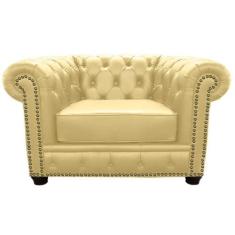 Poltrona Chesterfield com Pés Madeira Couro Bege - Mempra