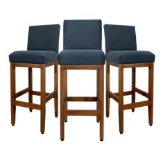 Kit 3 Banquetas Altas Estofada Encosto Tecido Linho Madeira Maciça Euc