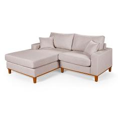 Sofa Living 2 Lugares Chaise Revestido Linho Base em Madeira Cor: Champagne;Lado Chaise:Direito