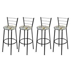 Jogo 4 Banqueta Alta Para Cozinha Epoxi Preta Estofado Floral - Lamar 