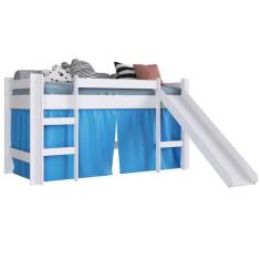 Cama Infantil com Degrau e Escorregador Branca, Cortina Azul - Complet