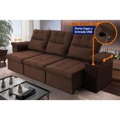 Sofá Retrátil Reclinável Verona USB + Porta Copo 2,30m Suede Velut Mar