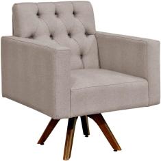Poltrona Decorativa Giratória Sala Estar Base de Madeira Manu L02 Capitonê Linho Bege - Lyam Decor