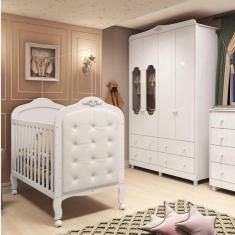 Quarto de Bebê com Guarda Roupa Janelado e Berço com Botões encapados Maya Provençal Espresso Móveis Branco Brilho/Branco