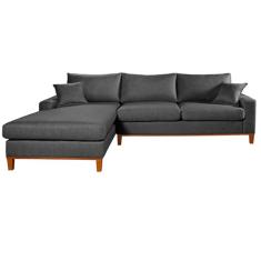 Sofa Living California 4 Lugares Chaise Lado Direito Revestido Linho Base Madeira Cor:Grafite