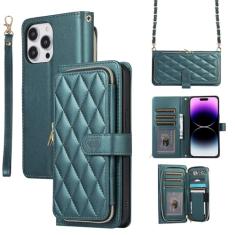 Capa carteira para iPhone 13 Pro, bolsa flip de couro com zíper com suporte para cartão, capa de telefone à prova de choque com fivela magnética com corda de mão e corrente de couro para mulheres