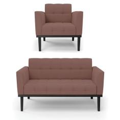 Sofá Namoradeira e Poltrona Base de Madeira Preto Elisa Veludo D03 - D