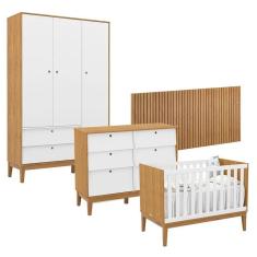 Quarto de Bebê Unique 3 Portas com Cômoda 6 Gavetas e Painel Ripado Freijó Branco Soft Eco Wood - Matic