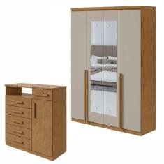 Conjunto de Guarda-Roupa Alonzo com espelho e Cômoda Da Vinci com Nicho Amêndoa Clean/Off White