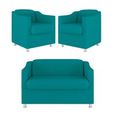 Kit Sofá Namoradeira + 02 Poltrona Tilla Recepção Sala Suede azul Turquesa
