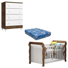 Berço Americano Lara E Cômoda Gaveteiro Ariel Branco Acetinado Amadeirado Com Colchão - Carolina