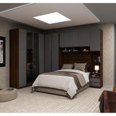 Guarda Roupa de Casal Canto com Vidro Reflecta Nogueira Dourado com Cinza Puro Prime Luciane Móveis