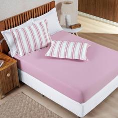Jogo Cama Lençol Daily Casal Padrão Malha 100% Algodão Listrado 3 Peças - Rosê