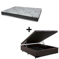 Cama Baú Casal 138 Tecido Sintético Marrom com Colchão Miller Bello Box - 100% Espuma - D33 Cinza 54x138x188